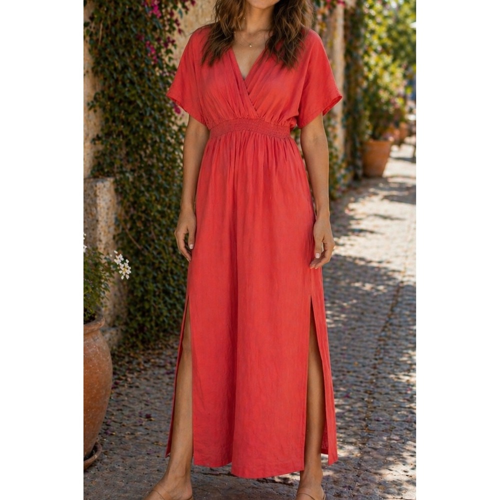 Boden Coral Red Maxi Dress with Side Slits